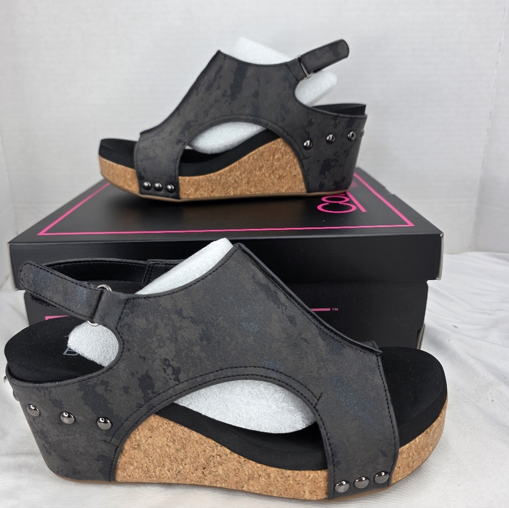 Corkys metallic black Carley wedge sandals size 7 NEW!